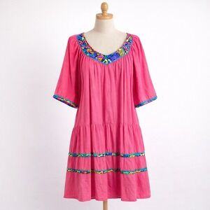 Vtg 70s Appel Pink Tiered Muumuu House Dress Midi XL Floral Tiered Cottagecore